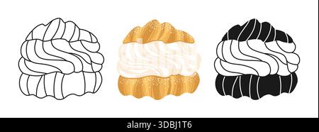 Creme Puff Dessert mit geschlagener Vanillecreme Füllung handgezeichnetes Textur Symbol Zeichentrickset. Süßes italienisches Choux Gebäck Dessert lineares Doodle-Symbol. Vektor Hand gezeichnet einfache Zeichentrickcreme Puffdesign Stock Vektor