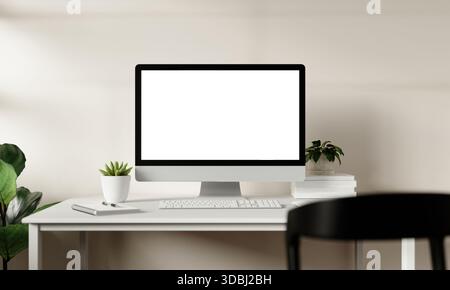 Produktivität am Arbeitsplatz dank eleganter Einrichtung mit Desktop-Monitor. 3D-Rendering-Abbildung Stockfoto