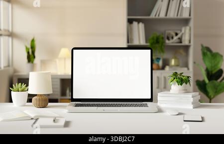 Home Office-Einrichtung mit Laptop und modernem Dekor für Produktivität. 3D-Rendering-Abbildung Stockfoto