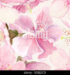 Sakura Blumen nahtloses Muster Aquarell, rosa Töne, handgemalt in botanischem Stil isoliert auf wolkenweißem Hintergrund. Perfekt für Hochzeiten Stockfoto