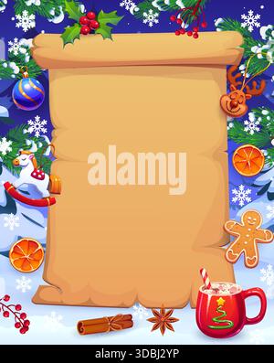 Frohe Weihnachten alte Schriftrolle, Weihnachtsbaum, Geschenke, Schnee Stock Vektor