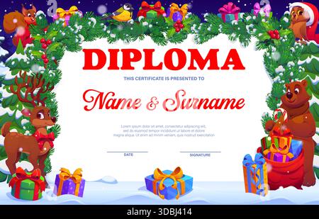 Weihnachtsdiplom, Weihnachtsbaum und Geschenke Stock Vektor