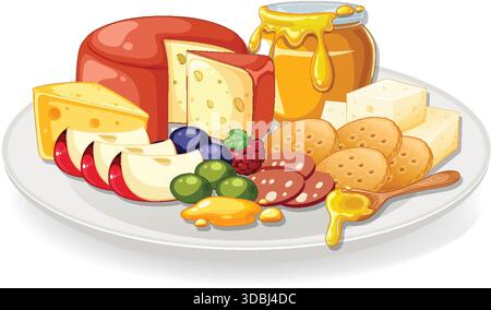 Vektor-Illustration der Käseplatte mit Äpfeln, Beeren, Oliven, Crackern und Honigglas Stock Vektor