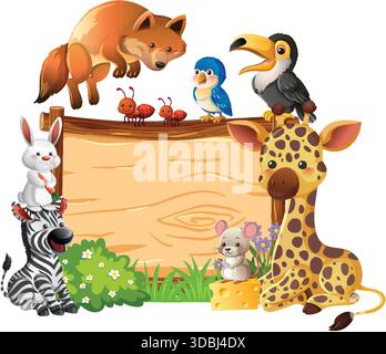 Bunte Vektortiere umgeben ein leeres Holzschild, verspielter Zeichentrickstil, helle natürliche Farben Stock Vektor