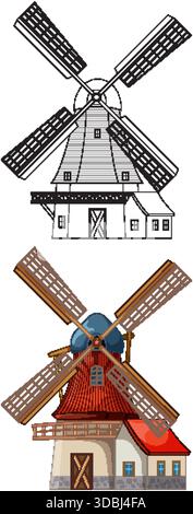 Vektor-Illustration einer niederländischen Windmühle in detaillierter Linienart und lebendigem Farbstil Stock Vektor