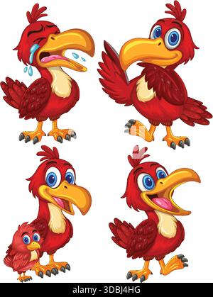 Vektor-Illustration des roten Vogels, der Emotionen, Zeichentrickstil, helle Farben, weißer Hintergrund zeigt Stock Vektor