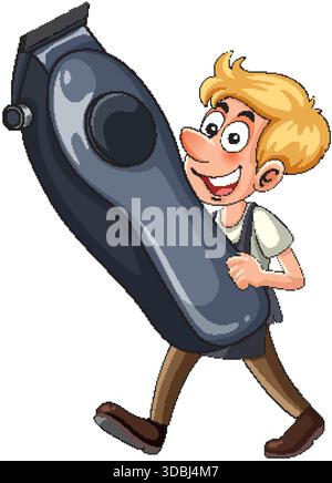 Lächelnde Cartoon-Friseurspaziergänge, die riesigen Haarschneider halten, flache Vektorstil, weißer Hintergrund Stock Vektor