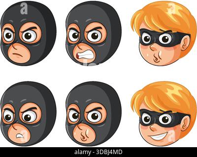 Vektor-Illustration von maskierten Cartoon-Dieb-Gesichtern, die verschiedene Emotionen, kühne Umrisse und lebendige Farben zeigen Stock Vektor