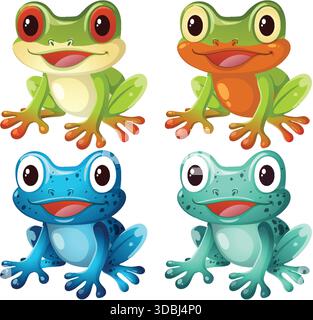 Vektor-Illustration von vier lebendigen Zeichentrickfroschen, jeder mit einzigartigen Farben und ausdrucksstarken Gesichtern Stock Vektor