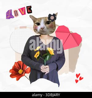 Illustration zum Valentinstag mit niedlichen Tieren und Blumenelementen. Vektorabbildung Stock Vektor