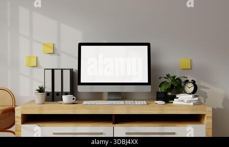 Design von Arbeitsbereichen mit Schwerpunkt auf Produktivität und modernen Elementen. 3D-Rendering-Abbildung Stockfoto