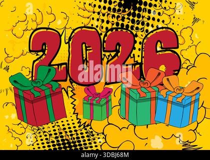 Cartoon Geschenkbox und Nummer 2026, Comic-Buch Celebration. Retro-Vektor-Comics Pop-Art-Design. Stock Vektor