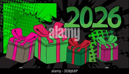Cartoon Geschenkbox und Nummer 2026, Comic-Buch Celebration. Retro-Vektor-Comics Pop-Art-Design. Stock Vektor