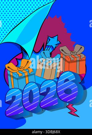 Cartoon Geschenkbox und Nummer 2026, Comic-Buch Celebration. Retro-Vektor-Comics Pop-Art-Design. Stock Vektor