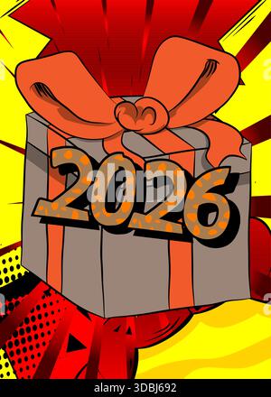Cartoon Geschenkbox und Nummer 2026, Comic-Buch Celebration. Retro-Vektor-Comics Pop-Art-Design. Stock Vektor