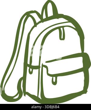 Handgezeichneter grüner Rucksack mit Trägern auf der Vorderseite und Griff oben in einem schlichten, umrissenen Stil. Stock Vektor