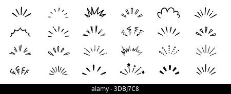 Die handgezeichnete Liniengrafik strotzt vor überraschenden Strahlen und Funkeln. Die handgezeichneten Starburst-Ikonen leuchten hell. Überraschende Formen für Comic-Effekte, Manga-Spritzer und Zeichentrickdekorationen. Vektorabbildung Stock Vektor