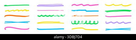 Farblinienset für Markierstift. Marker und Stift werden mit Strichstrich, unterstrichenem Text und Bleistiftmarkierung hervorgehoben. Handgezeichnete Skizze mit niedlichem Element mit Streifenpinsel und farbenfrohem Kritzeln. Vektorabbildung Stock Vektor