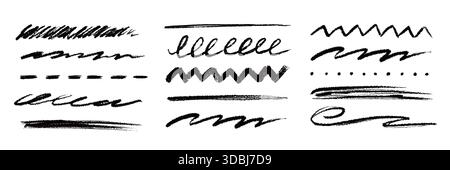 Handgezeichnete Pinselstriche und Unterstreichungsmarkierung gesetzt. Strukturierte Kreidebleistiftspuren, Kreidekreide, Kratzstriche. Pinselstrich mit Buntstiften und Textur hebt Formen hervor. Vektorabbildung Stock Vektor