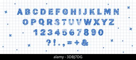 Buntstift mit englischem Alphabet. Verspielte Buntstift-Schriftart. Kindgerechte Kritzeltextur für lustige Designs und Bildungsprojekte für Kinder und Kindergarten Stock Vektor