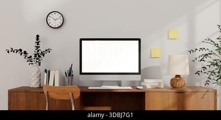 Minimalistisches Home Office mit Pflanzen und organisiertem Arbeitsbereich. 3D-Rendering-Abbildung Stockfoto