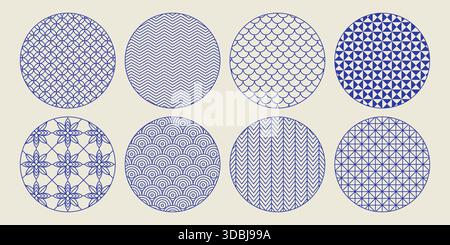 Traditionelles japanisches Muster mit orientalischen Kreisrahmen und asiatischen Designelementen. Ornamente im chinesischen und japanischen Stil, geometrische Formen, Blumenmotive und dekorative Ikonen in klassischer Illustration. Stock Vektor