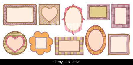 Gezeichnete y2k-Rahmenkollektion mit niedlichen Wellenkanten und rechteckigen Designs. Farbenfrohe Vintage-Dekoelemente mit karierten Mustern, gestreiften Texturen und Herzmotiven für Retro-Projekte. Stock Vektor