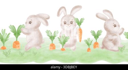 Niedliche Häschen mit nahtlosem Rand in Karotten-Aquarellen für Kinder. Rahmen mit Kopierraum für Kaninchen und Gemüse Illustration. Handgezeichnet isoliert Stockfoto
