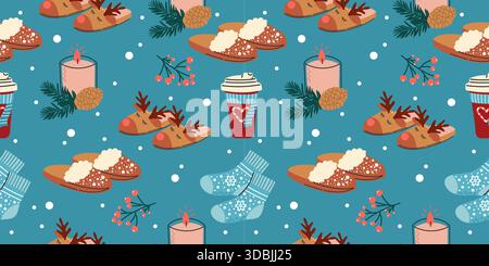 Nahtloses Vektor-Wintermuster mit Hausschuhen, Kerzen und Socken Stock Vektor