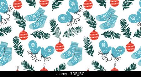 Nahtloses Winter-Vektor-Muster mit Socken, weihnachtsbaumkugeln, Fäustlingen, Tannenzweigen. Stock Vektor