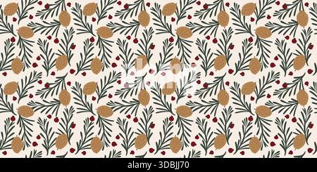 Winter nahtloses Vektormuster mit Beeren, Tannenzweigen, Kegeln. Stock Vektor