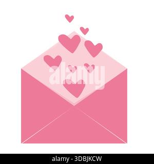 Briefumschlag offen Liebesbrief mit Herzen, süße rosa romantische Post mit Stempel, Luftpost, Postkarte. Dekorationselemente für Hochzeit und Valentinstag. Vektorabbildung Stock Vektor