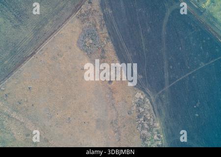 Draufsicht der Drohne auf unbefestigte Straßen und Fahrzeugspuren durch offene landwirtschaftliche Felder. Das Netz unbefestigter Wege durchschneidet die trockene Vegetation der ländlichen Landschaft. Stockfoto