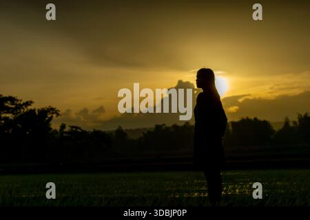 Silhouette einer asiatischen Frau bei Sonnenuntergang. Illustration einer einsamen Frau, einer introvertierten Frau. Weltintrovertierungstag. Stockfoto