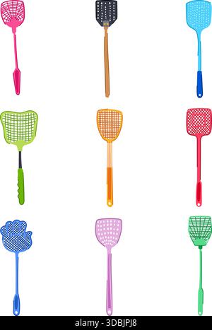 Verschiedene farbenfrohe Fliegenklatschen, die die Möglichkeiten zur Schädlingsbekämpfung veranschaulichen Stock Vektor