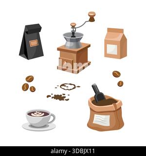 Kaffeetränk. Vector Cup, Kaffeebohnen, Pappbeutel, Papierverpackung, Retro Kaffeemühle, Tasche mit Schaufel, Kaffeepflecken. Vector Elements Collection Stock Vektor