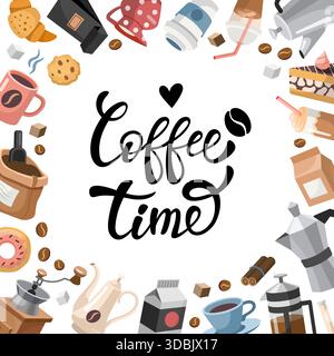 Runder Kaffeerahmen, Kopierraum. Handgezeichnetes Cartoon-Design mit verschiedenen Objekten zum Thema Kaffee und handgeschriebenem Schriftzug Coffee Time. Vektorabbildung Stock Vektor