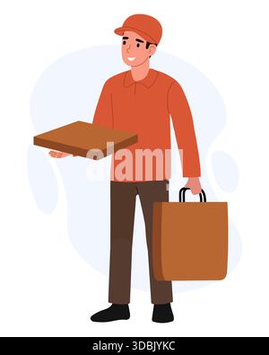 Ein Lieferarbeiter steht mit einem Lächeln, hält eine Pizzakarton in der einen Hand und eine Einkaufstasche in der anderen Hand. Der Arbeiter trägt eine Kappe und Unif Stock Vektor