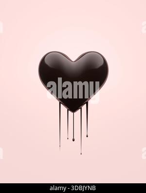 Geschmolzenes Herz aus dunkler Schokolade tropft auf rosa Hintergrund und repräsentiert Liebe, Dessert und Genuss Stockfoto