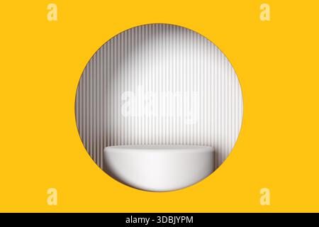 Weißes zylindrisches Podium für die Produktplatzierung oder -Präsentation, das vor einer gestreiften Wand durch ein kreisförmiges Loch mit gelbem Hintergrund steht Stockfoto