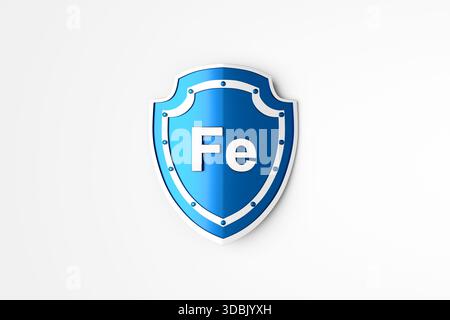 Eisen chemisches Element Symbol Fe innerhalb eines blauen Schildes auf weißem Hintergrund, das Gesundheitsschutz oder Immunsystem darstellt Stockfoto