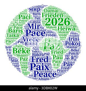 Peace 2026 Word Cloud in verschiedenen Sprachen Stockfoto