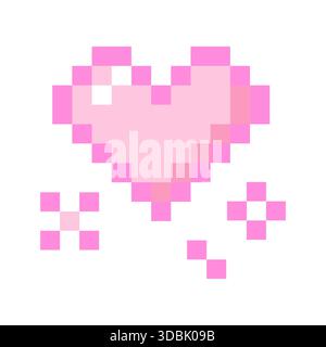 Niedliches Pixelherz mit Sternen im y2k-Retro-8-Bit-Stil. Der glänzende Pixel-Kunsteffekt des Spiels funkelt. Ästhetik der 90er Jahre. Leuchtender Stern und Funksymbol. Vektorabbildung Stock Vektor
