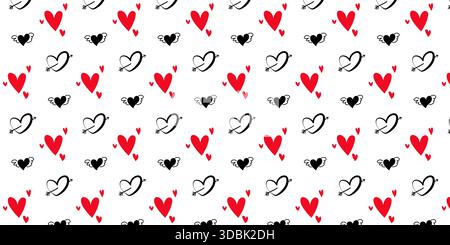 Nahtloses Muster in Rot und Schwarz für den Hintergrund der Valentinskarte. Herzen mit Pfeilen oder Engelsflügeln auf isoliertem Hintergrund. Liebe Vektormuster Stock Vektor