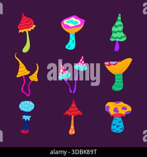 Bunte Fantasy-Pilze mit groovigem psychedelischen Stil Stock Vektor