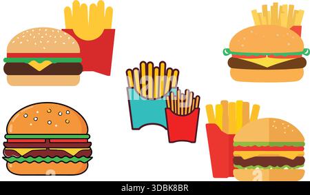 Farbenfrohe Fast Food-Symbole mit Burgern und Pommes Frites Stock Vektor