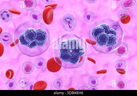 T-Zell-Lymphom-Zellen im Blutfluss - Halbnaht-Ansicht 3D-Illustration Stockfoto