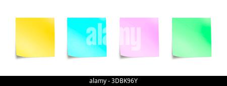 Set aus vier pastellfarbenen Haftnotizen, isoliert auf weißem Hintergrund, mit Schatten ausgeschnitten Stockfoto