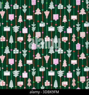 Nahtloses Vektormuster mit handgezeichneten Weihnachtsbäumen und Geschenken, elegantes Weihnachtsdesign mit Streifen und Punkten für Hintergründe und Geschenkpapier Stock Vektor