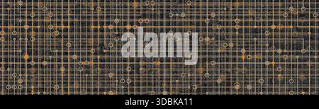 Abstrakter goldener digitaler Technologiehintergrund, Blueprint-Raster mit Schaltungslinien und Knoten auf dunklem Hintergrund. KI-Dateninfrastruktur, Unternehmenssysteme Stockfoto